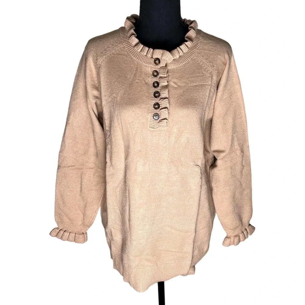 Women's Sweaters Long Sleeve Button Down Crew Neck Ruffle Knit Pullover Sweater - Picture 1 of 4